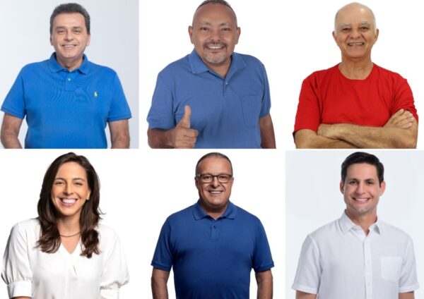 Candidatos as prefeito de Natal: Carlos Eduardo, Hero, Nando Poeta, Natália Bonavides, Paulinho Freire e Rafael Motta — Foto: Arte