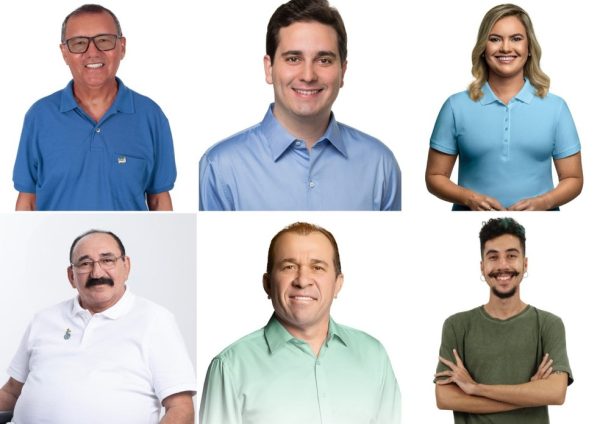 Candidatos a vice-prefeito de Natal da esqueda para a direita na faixa de cima: Bento, Jacó Jácome e Joanna Guerra. Na faixa inferior: José Abdon, Milklei e Tiago Silva. — Foto: Divulgação