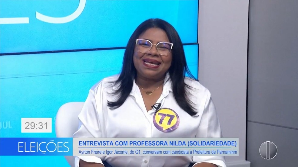 Candidata Professora Nilda (SD) concede entrevista ao Bom Dia RN — Foto: Inter TV Cabugi